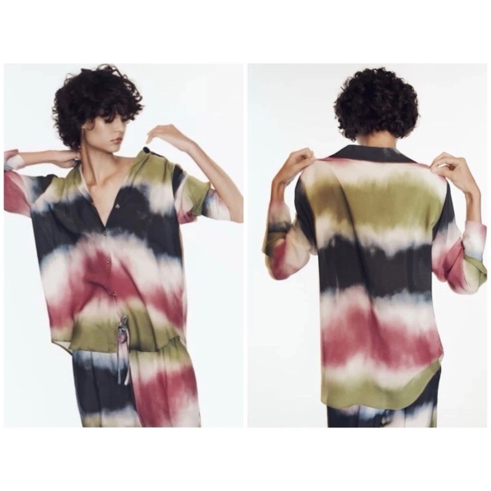 Zara Abstract Tie-Dye Print Relaxed Fit Flowy Button Down Shirt Blouse Size L